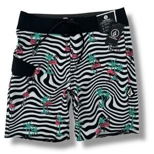Volcom Flamingbros Mod Tech Swim Trunks Boys Size 26 12 Medium Flamingo Print